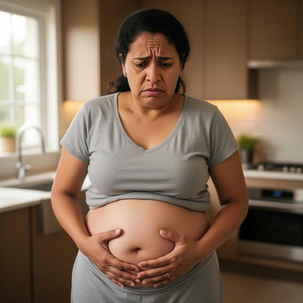 Mujer de 45 años preocupada tocándose el abdomen en la cocina